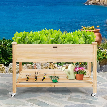 Verhoogde Plantenbak – Tuinbak – Kruidentuin – Bloembak – Plantenbak Hout – Naturel Vurenhout – 2-Lagen Opbergrek – Verplaatsbaar Met Wielen