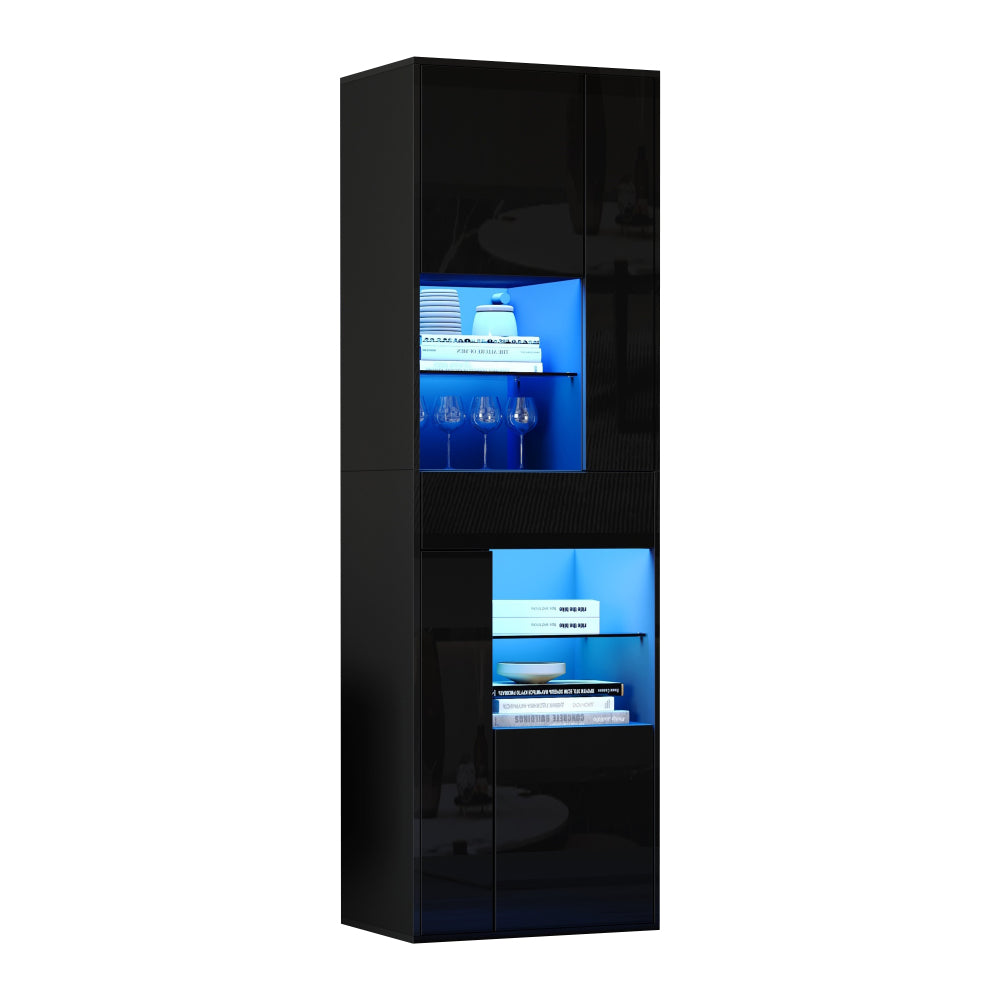 Dressoir – Opbergkast – Ladekast – Buffetkast – Kast – Zwart – Glazen Deuren – 55x38x170 cm – 4 Kasten & 1 Lade – Modern Minimalistisch Design