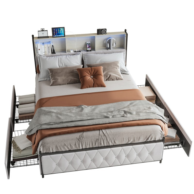 Tweepersoonsbed – Opbergbed – Bed met Lade – LED Hoofdbord – 180x200 cm – Fluweel Bekleed – USB Oplaadpoort – Luxe Beige