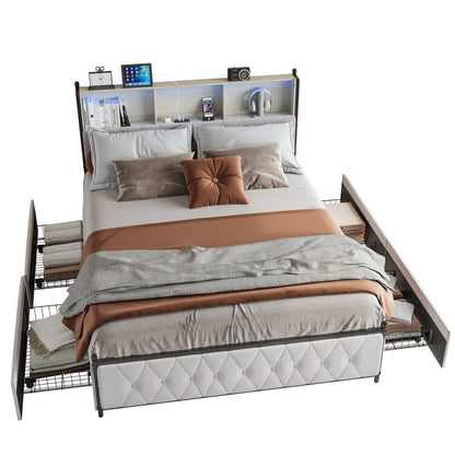 Tweepersoonsbed – Opbergbed – Bed met Lade – LED Hoofdbord – 180x200 cm – Fluweel Bekleed – USB Oplaadpoort – Luxe Beige