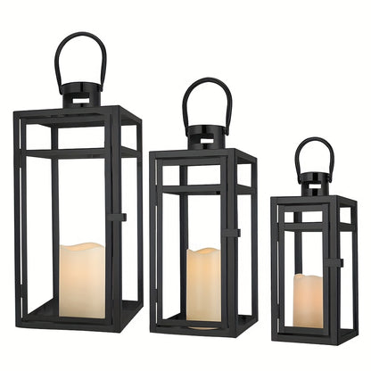 Lantaarn – Tuinlantaarn – Windlicht – Sfeerlamp – Outdoor Lamp – Set Van 3 – Zwart Metalen Design – Gehard Glas – 48/38/30 cm Hoog