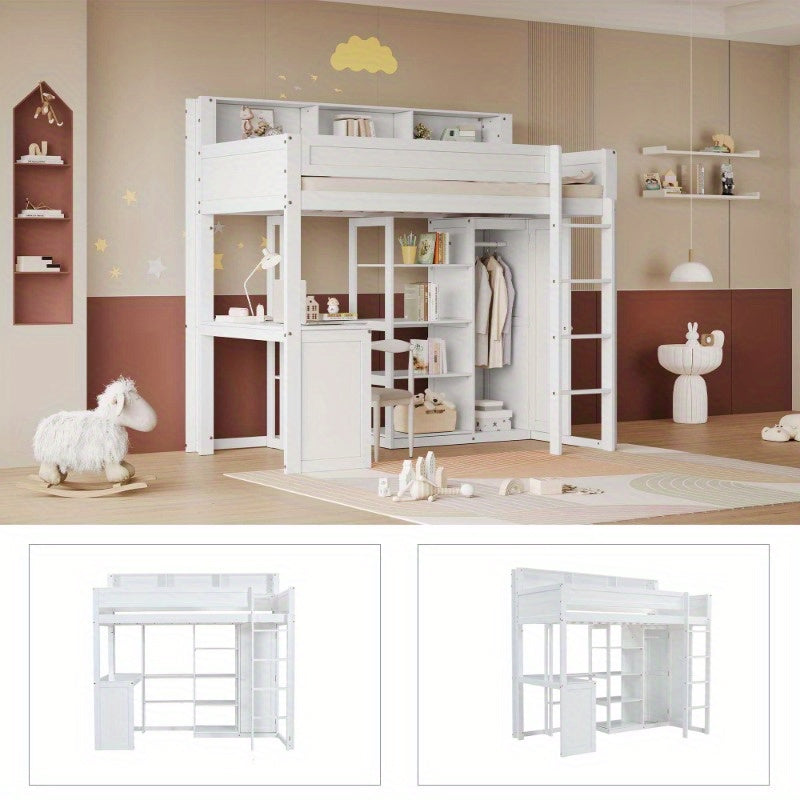 Hoogslaper – Stapelbed – Eenpersoonsbed – Kinderbed – Bed Met Bureau – Wit – 90x200 cm – Met Kledingkast En Opbergruimte