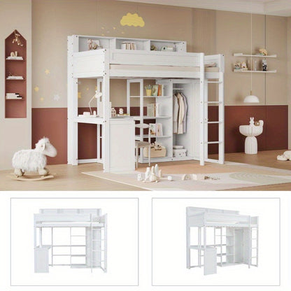 Hoogslaper – Stapelbed – Eenpersoonsbed – Kinderbed – Bed Met Bureau – Wit – 90x200 cm – Met Kledingkast En Opbergruimte