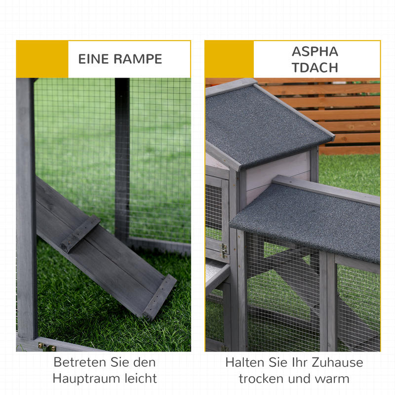 Outdoor Rabbit Hutch & Small Animal Cage with Free-Range Design, Spacious Pine Wood Construction, Ramp & Roof Access, Ventilation Mesh Walls & Predator-Proof Roof - Dark Gray 147x54x84cm for Guinea Pigs, Chinchillas, Hamsters