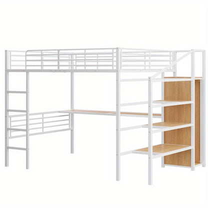 Hoogslaper – Stapelbed – Kinderbed – Eenpersoonsbed – Meubel – Met Bureau en Open Kledingrek – 140x200 cm – Wit Metaal – Stevig Frame & Ruime Opbergruimte