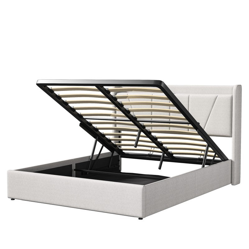 Tweepersoonsbed – Opbergbed – Stijlvol Bedframe – Slaapbank – Boxspringbed – 140x200 cm – Linnen Bekleding – Hydraulische Opbergruimte