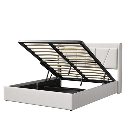 Tweepersoonsbed – Opbergbed – Stijlvol Bedframe – Slaapbank – Boxspringbed – 140x200 cm – Linnen Bekleding – Hydraulische Opbergruimte