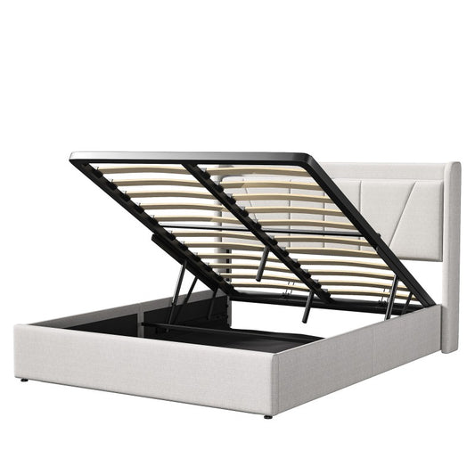 Tweepersoonsbed – Opbergbed – Stijlvol Bedframe – Slaapbank – Boxspringbed – 140x200 cm – Linnen Bekleding – Hydraulische Opbergruimte