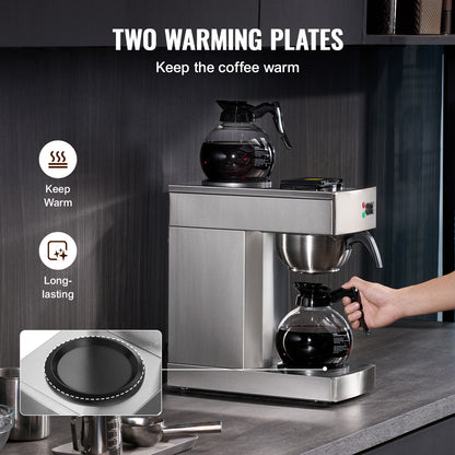 Koffiezetapparaat – Drip Koffiemachine – Koffiezetter – Horecakoffiezetter – Grootverbruik – 12 Kopjes – Twee Warmhoudplaten – Twee Glazen Karaffen – Roestvrijstalen Filter
