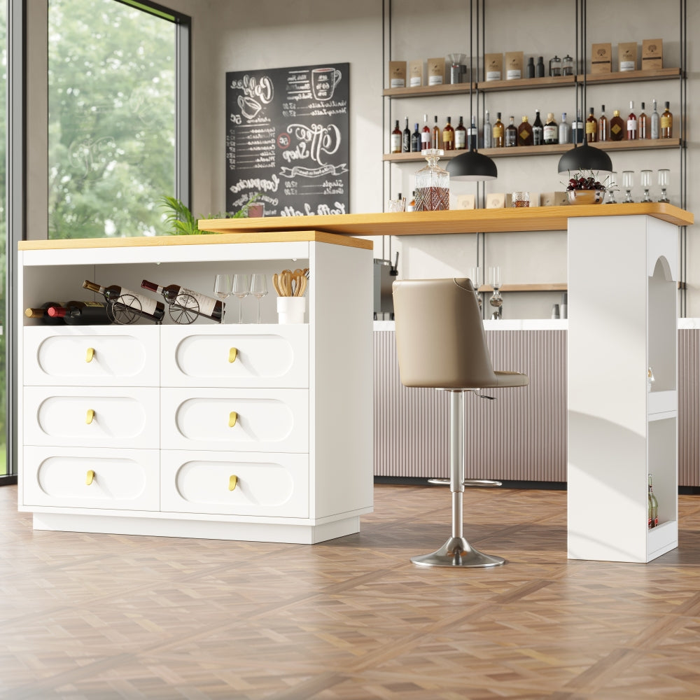 Modern White Metal Storage Island with Extendable Bar Table - Adjustable Height (138-203cm), 360° Rotating Countertop, Multi-Drawer & Open Shelf Storage, Space-Saving Design for Kitchen, Living Room, Dining Area - Heavy-Duty