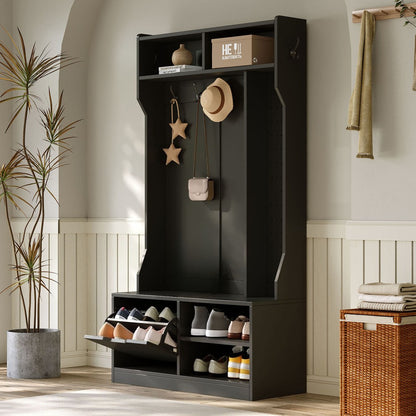 Kapstok – Garderoberek – Wandkapstok – Garderobe – Staande Kapstok – Compleet Garderobekast Met Bankje – 6 Haken – 100x185,5x40 cm – Zwart – Hoogwaardig Spaanplaat