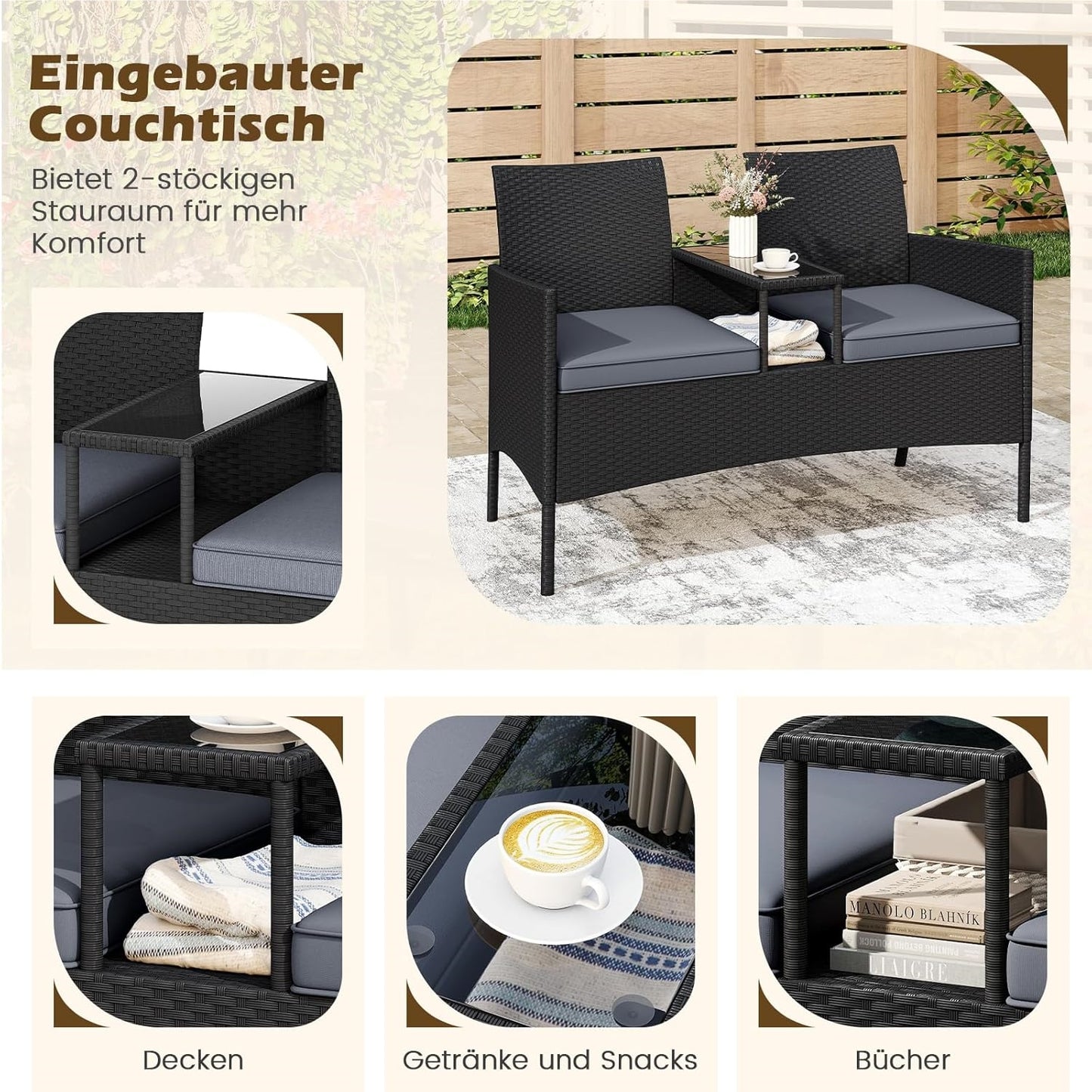 Tuinbank met Tafel – 2-Zits Loungeset – Buitenbank – Terrasmeubilair – Balkonmeubel – Weerbestendig – Met Geïntegreerde Tafel en Comfortabele Kussens – Grijs