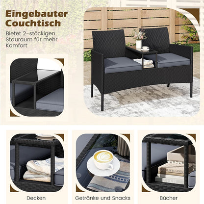 Tuinbank met Tafel – 2-Zits Loungeset – Buitenbank – Terrasmeubilair – Balkonmeubel – Weerbestendig – Met Geïntegreerde Tafel en Comfortabele Kussens – Grijs