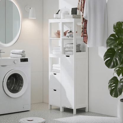 Badkamerkast – Kolomkast – Opbergkast – Smalle Kast – Vloerkast – Met Wasmand – 30x30x145 cm Wit – MDF & Bamboe