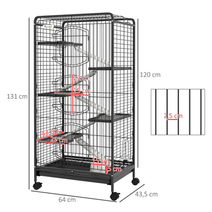 Kleine Dierenkooi – Knaagdierkooi – Rodent Cage – Kleine Huisdieren Kooi – Dierenverblijf – Met 5 Ramps en Platforms – Afneembare Bodemtray en Waterfles – Stalen Frame en PP Zwart