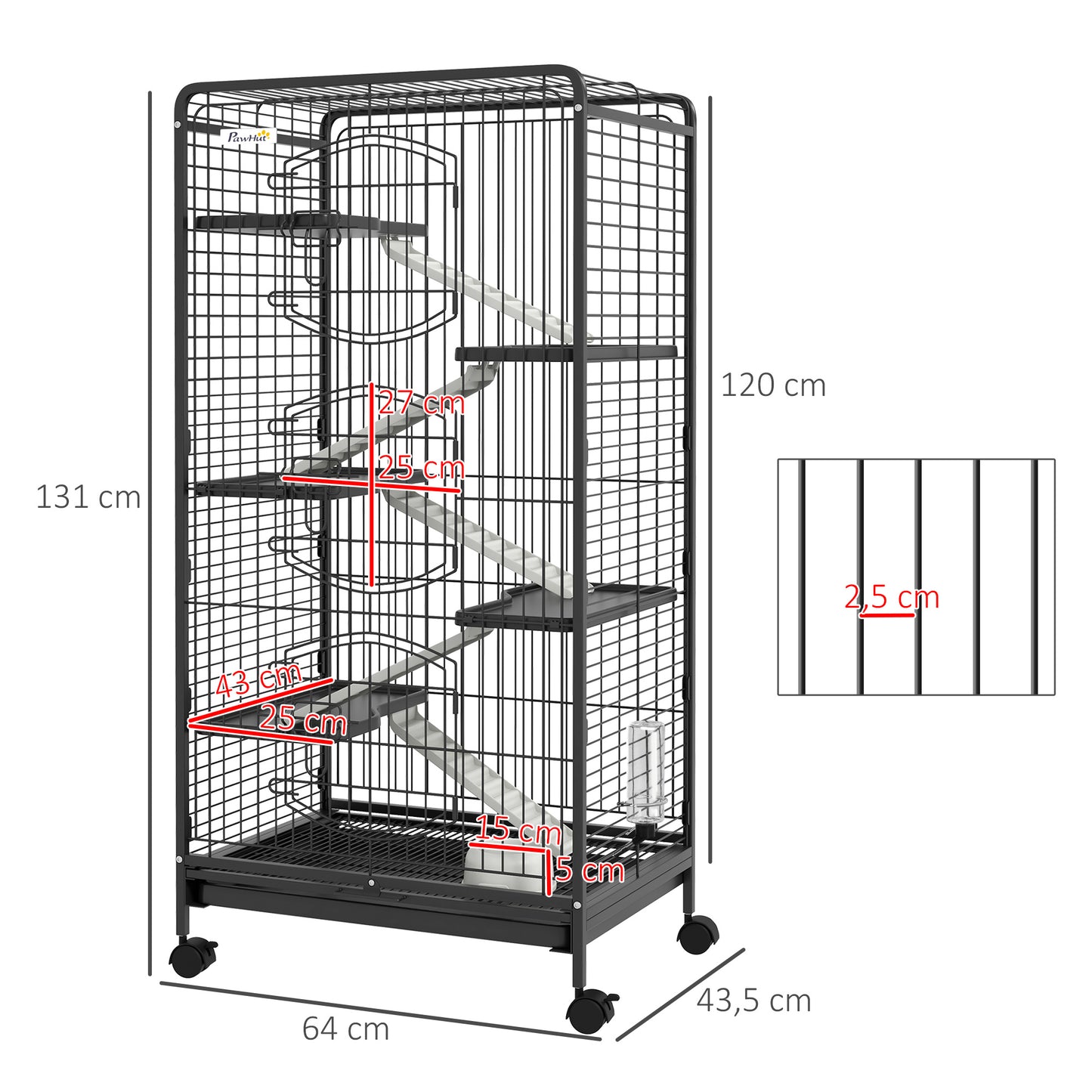 Grote Dierenkooi – Huisdierenkooi – Kleine Dier Kooi – Konijnenkooi – Frettenkooi – 5 Platforms en Ramps – Uitneembare Bodemtray en Wieltjes – Zwart