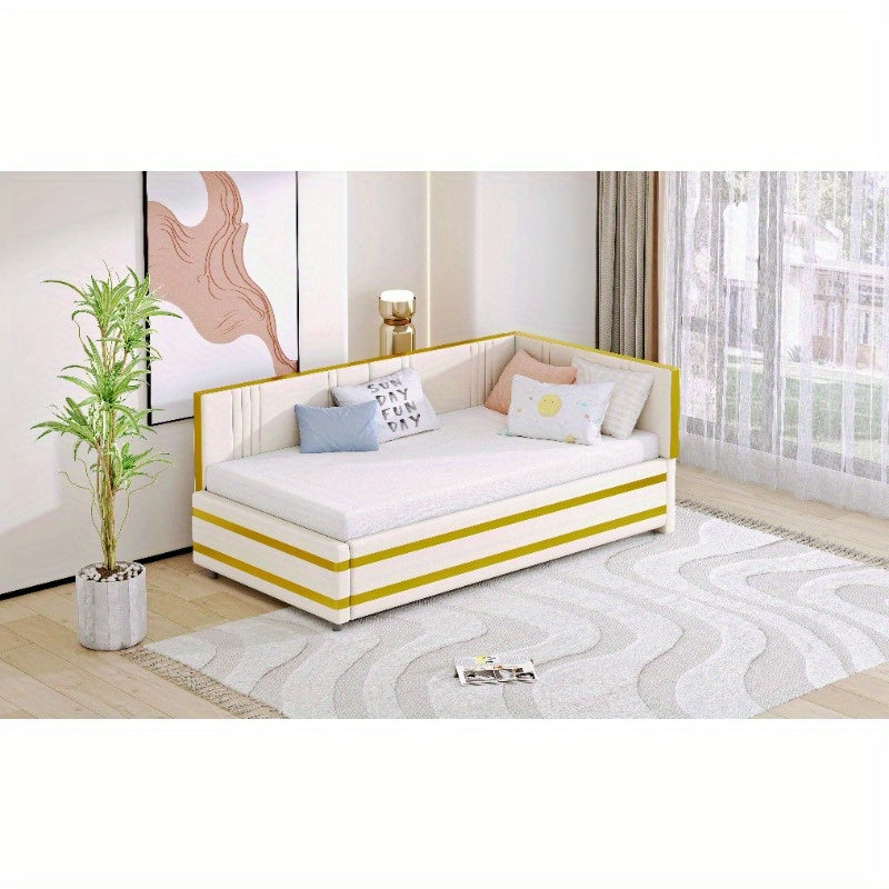 Gestoffeerd Bed – Slaapbank – Sofa Bed – Bedbank – Multifunctioneel Bed – 90x200 cm – Velours Stof Beige – Comfortabele Slatted Frame