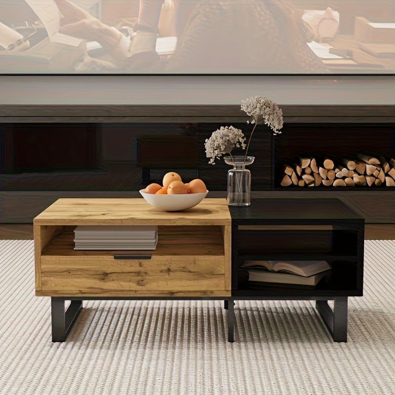 Salontafel – Woonkamertafel – Koffietafel – Tafel met Opbergruimte – Uitklapbare Tafel – Modern Retro Design – Uitbreidbaar & Duurzaam Composietmateriaal – Compact Voor Kleine Ruimtes