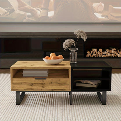 Salontafel – Woonkamertafel – Koffietafel – Tafel met Opbergruimte – Uitklapbare Tafel – Modern Retro Design – Uitbreidbaar & Duurzaam Composietmateriaal – Compact Voor Kleine Ruimtes