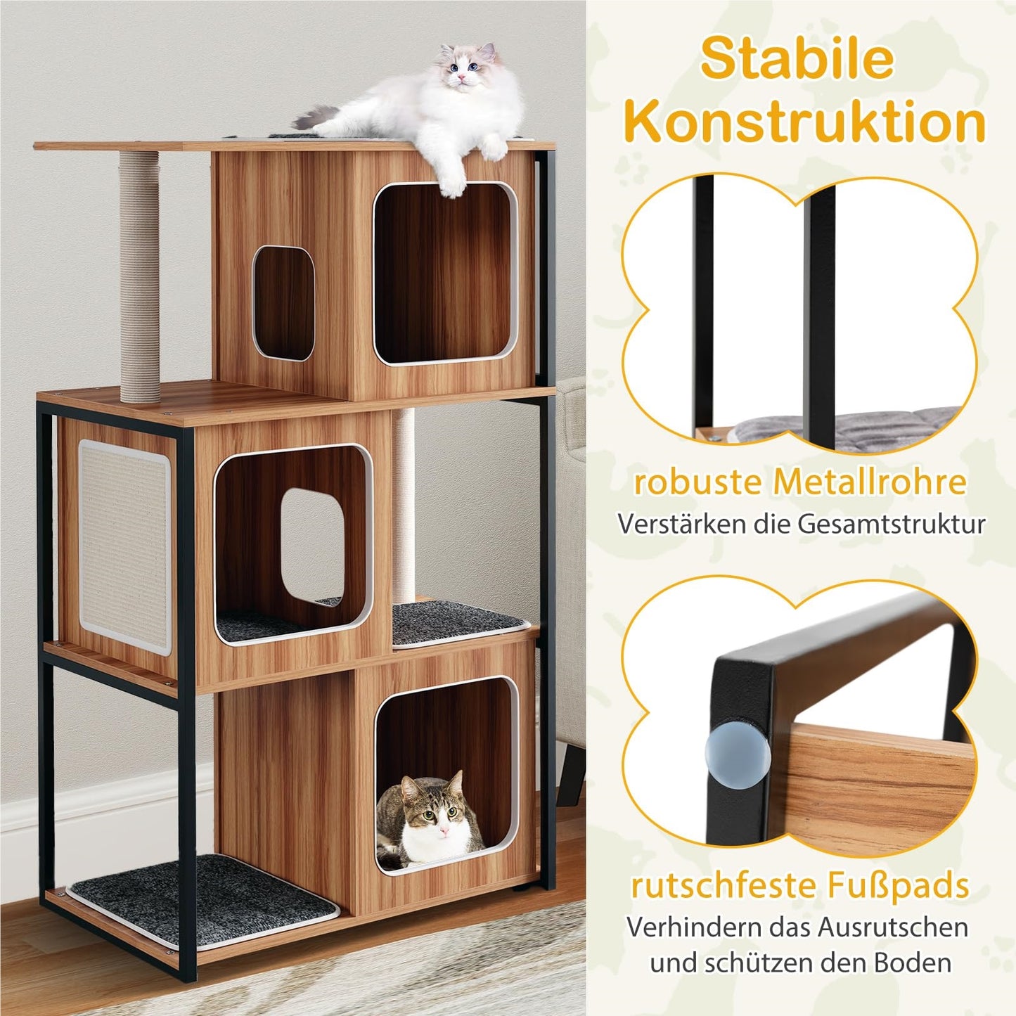 Kattenklimpaal – Krabpaal – Kattenhuis – Kattenmeubel – Klimmeubel – 3 Verdiepingen Met Krabvlak – Verwijderbare Kussens – Metaalframe – Natuurlijk
