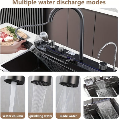 keukenkraan – keukenmengkraan – kraan met uittrekbare uitloop – watervalkraan – draaibare kraan – RVS spoelbak 75x45 cm – digitale display & slim afvoersysteem