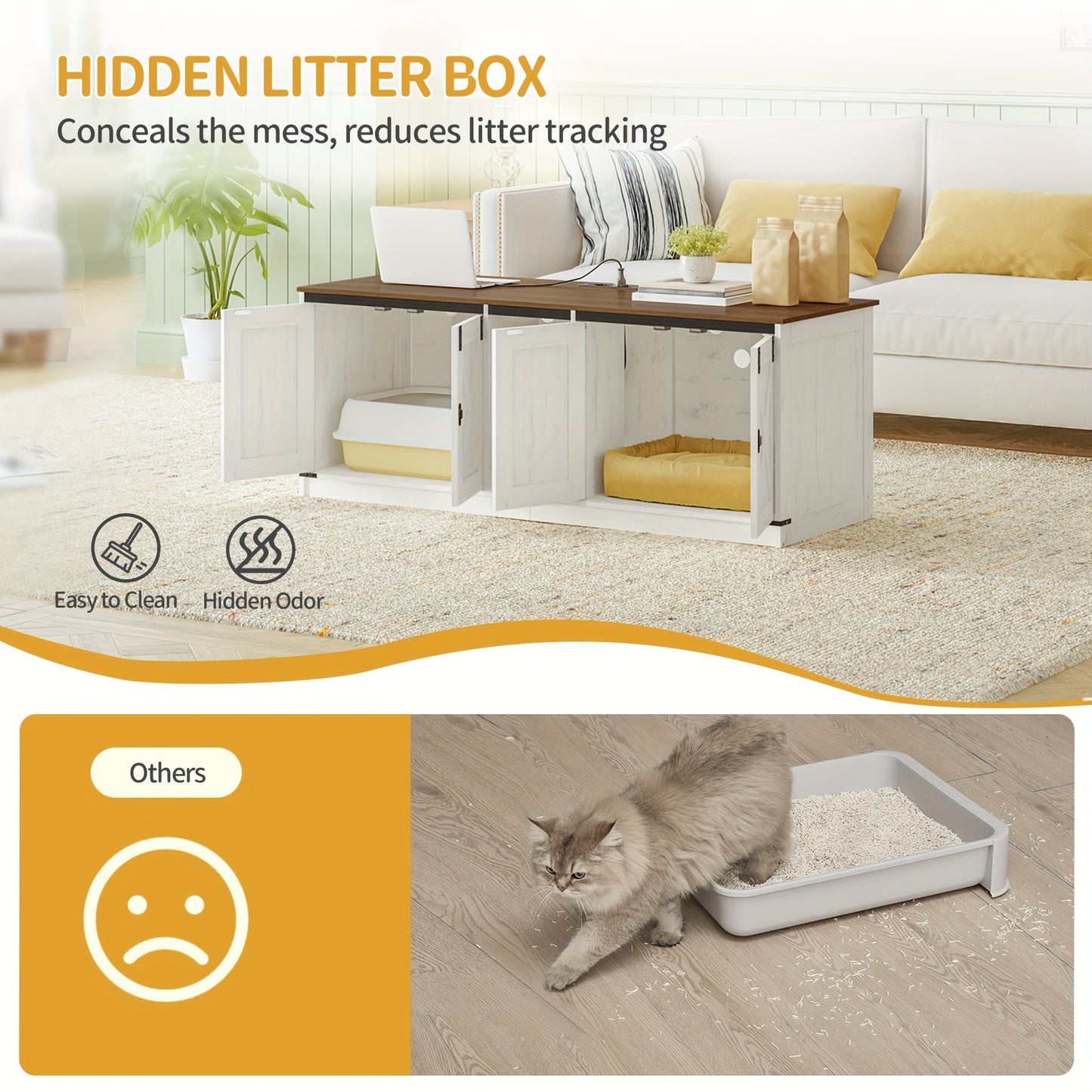 Cat Cabinet With USB Ports And Sockets, Cat Litter Box Cabinet, 140 Cm Hidden Cat Litter Box For 2 Cats, Indoor Cat House With Cat Bell, Brown-White