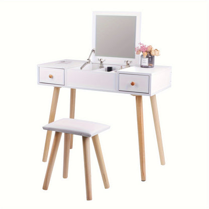 Make-up Tafel – Make-uptafel – Dressing Table – Kaptafel – Schminktisch – Wit – Scandinavisch Design – Vouwdeksel Met Spiegel – 2 Lades En 5 Opbergvakken