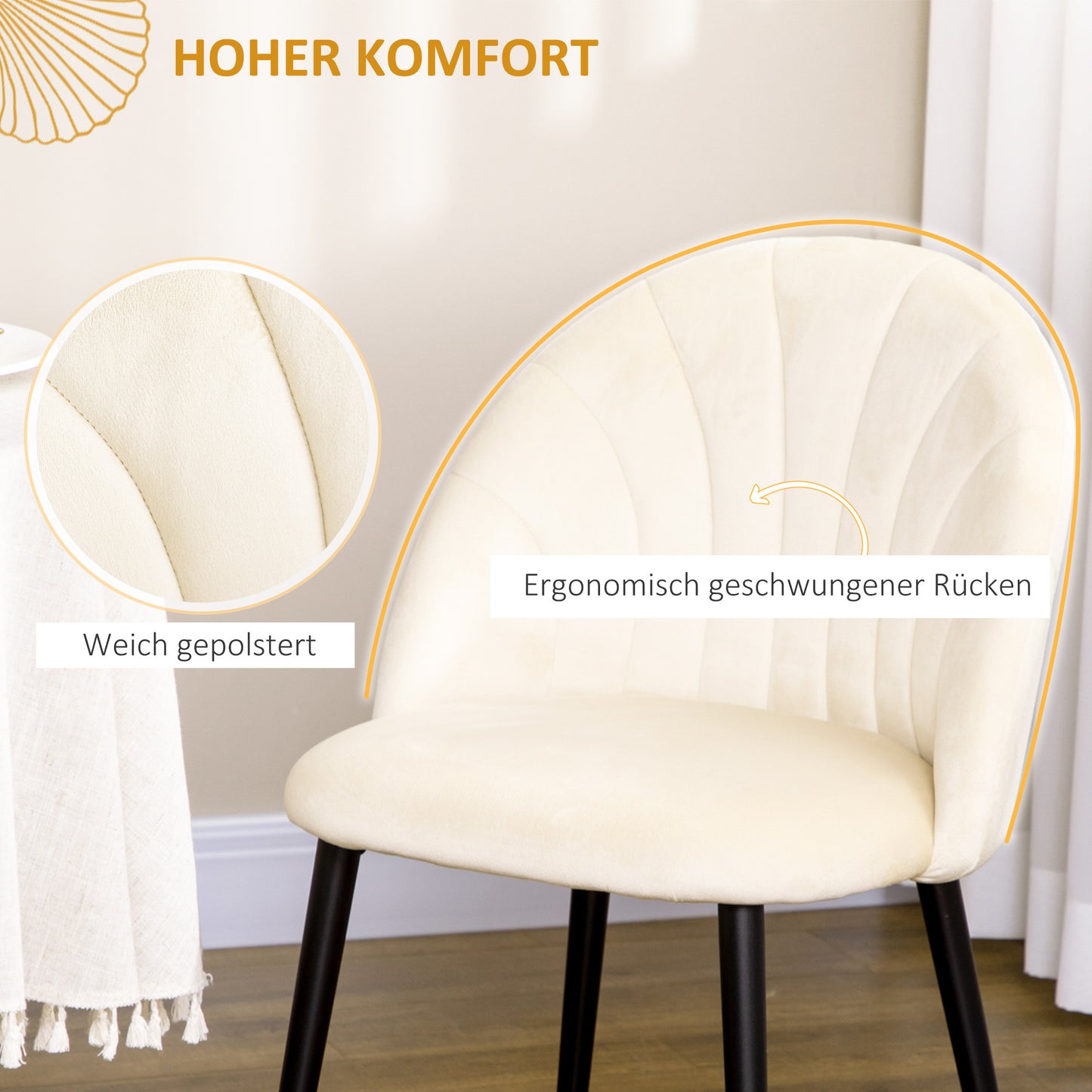 Eetkamerstoelen – Stoelen – Keukenstoelen – Fluwelen Stoelen – Scandinavische Stoelen – Set Van 2 – Crème Fluweel Bekleding – Zwart Metalen Onderstel