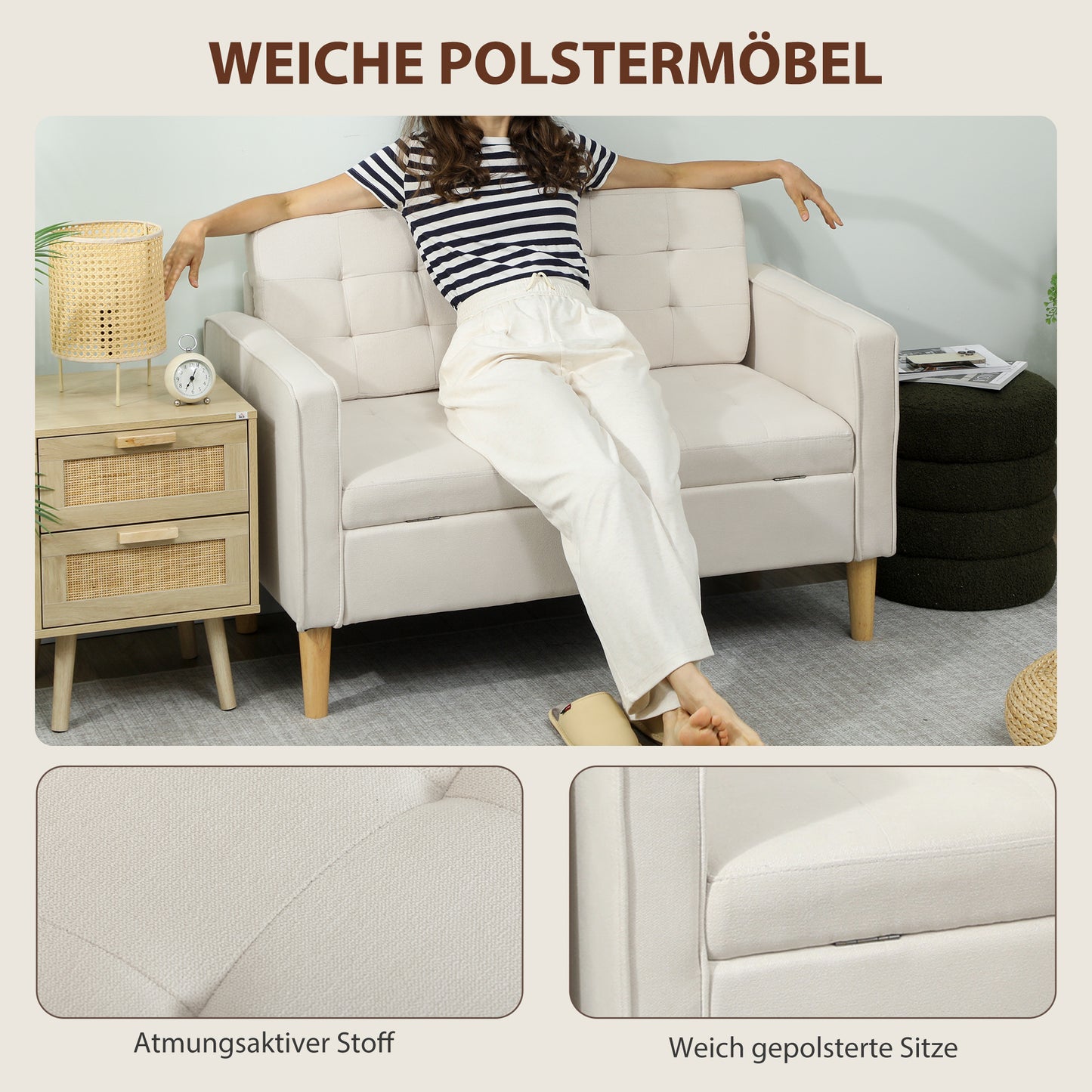 2-zitsbank – Tweezitsbank – Loveseat – Bankstel – Zitbank – Opbergruimte Onder Zitting – Rubberwood Frame – Crème Wit – 117x62x78 cm – Button Tufting