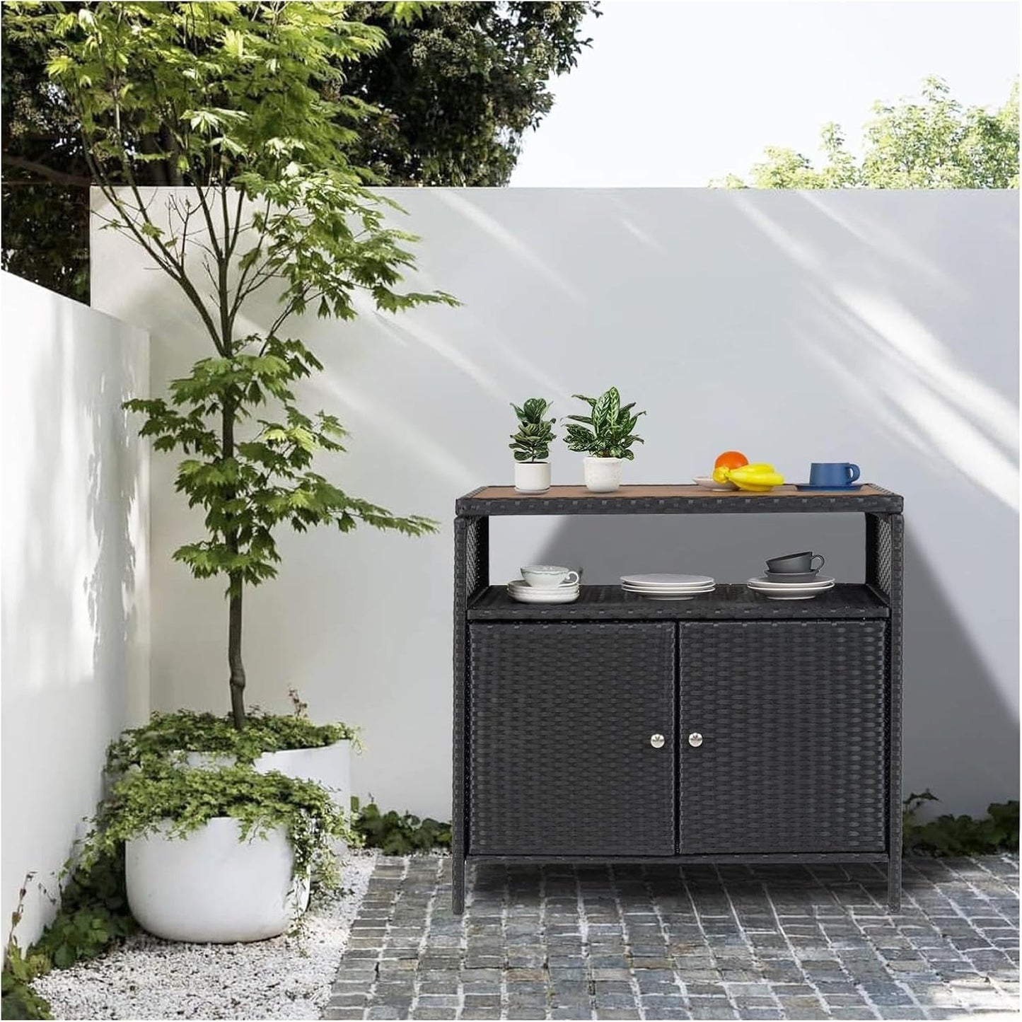 Wicker Opbergkast Buiten – Buitenmeubel – Tuinkast – Bar Tafel – Opbergtkast – Weerbestendig Wicker – Compact Design – Praktische Plank – Grijs
