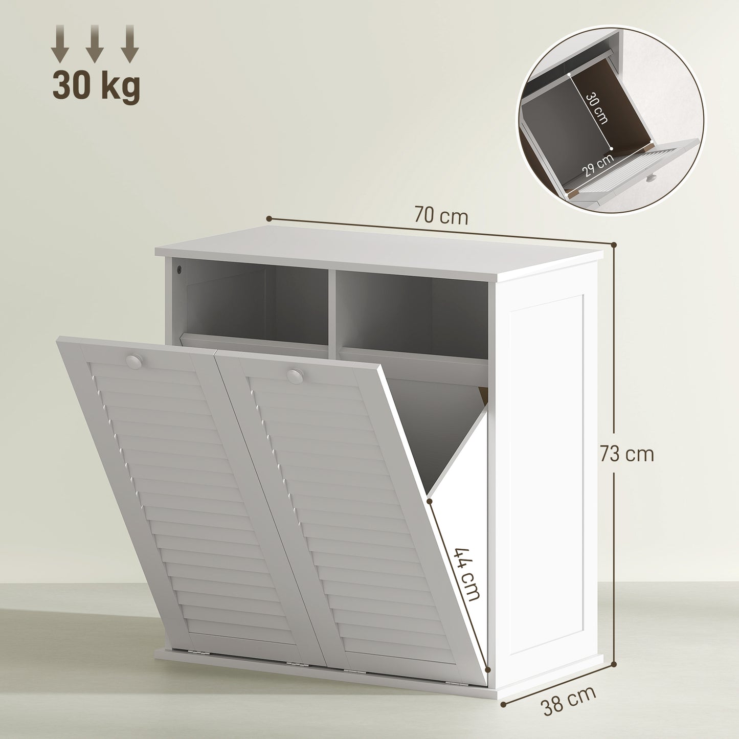 Wasmand – Wasbox – Wassorteerder – Waszak – Kledingkast – Wit – 2 Kantelbare Wasmanden – Ventilerende Lamellendeuren – Compact 70x38x73 cm