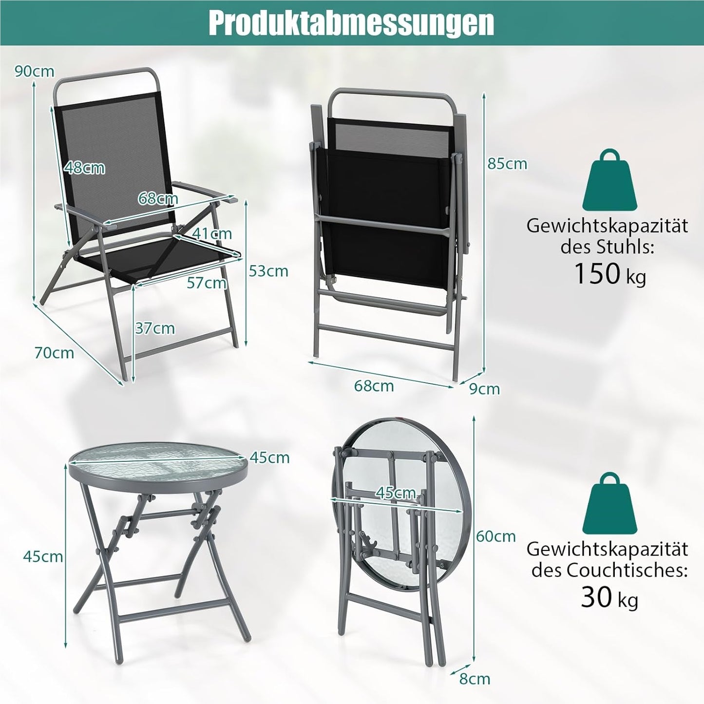 3-Delige Balkonset – Opvouwbare Tuinset – Bistroset – Balkonmeubilair – Terrasmeubilair – Extra Breed Zitvlak 57 cm – Duurzaam Metalen Frame