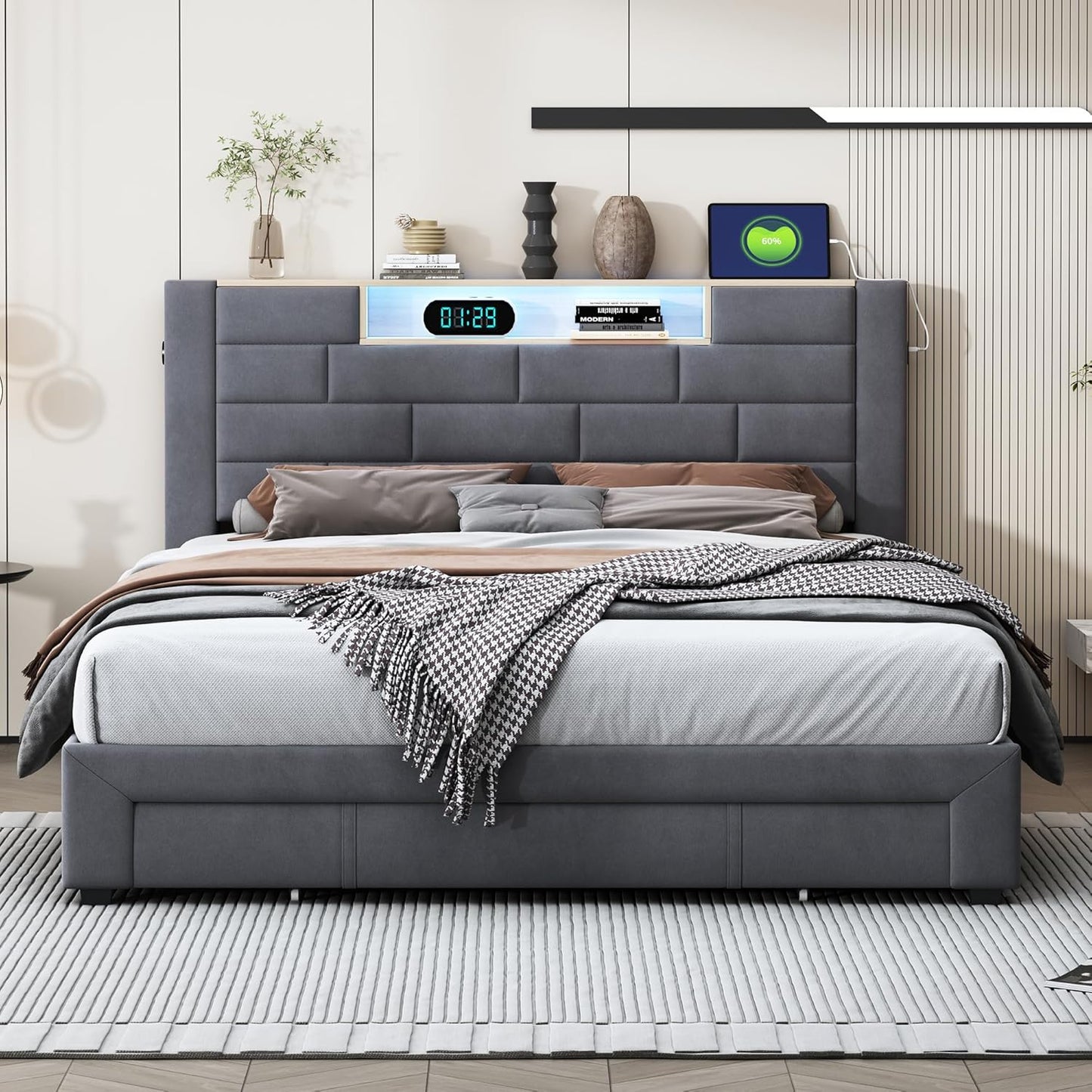 Tweepersoonsbed – Dubbelbed – Slaapbed – Led-bed – Opbergbed – Grijs 140x200 cm – Ingebouwde LED-verlichting – USB- en Type-C-poorten