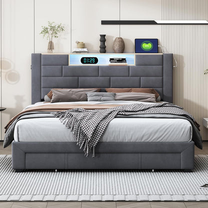 Tweepersoonsbed – Dubbelbed – Slaapbed – Led-bed – Opbergbed – Grijs 140x200 cm – Ingebouwde LED-verlichting – USB- en Type-C-poorten