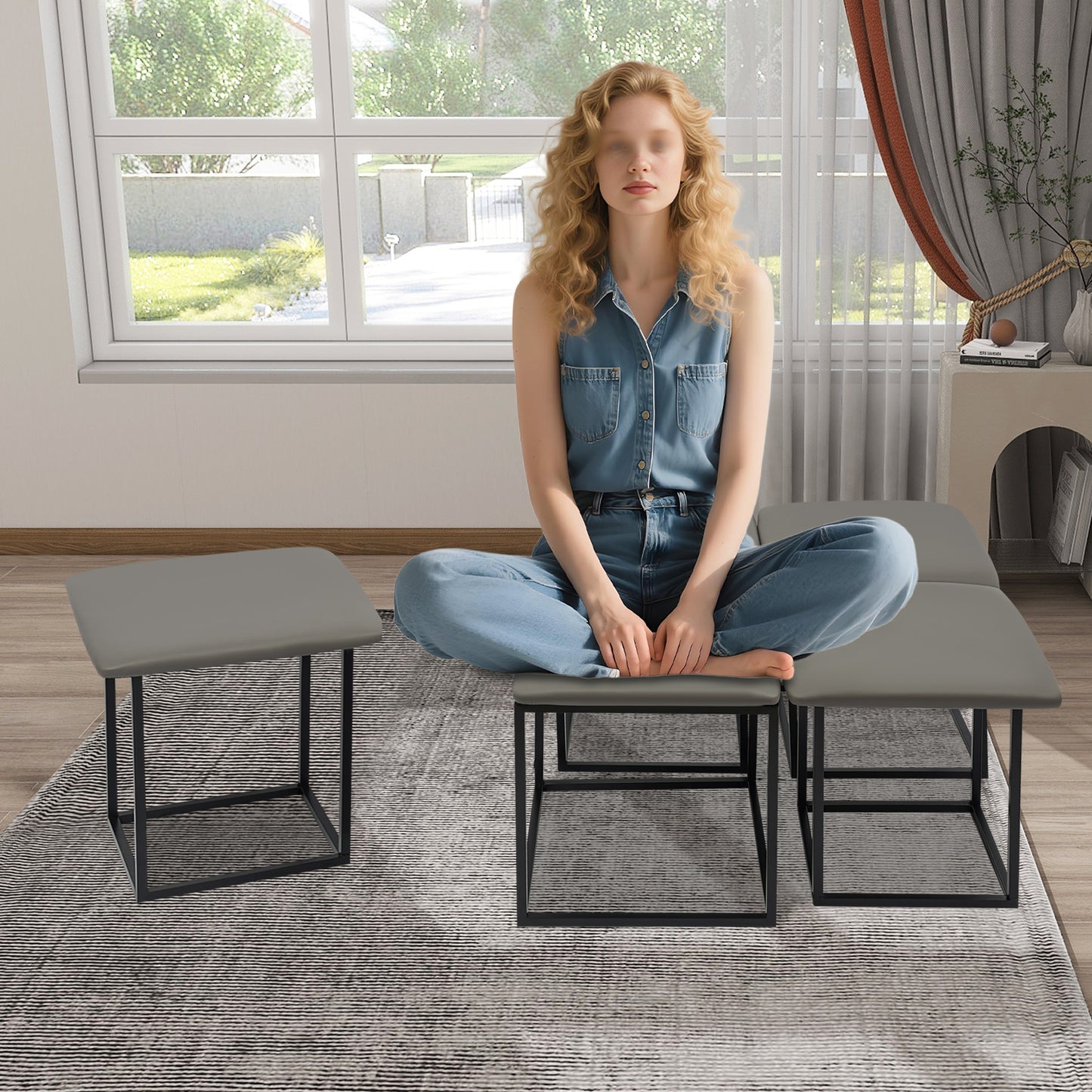 5-in-1 Sofa Kruk – Stapelbare Kruk – Voetenbank – Schoenbank – Bijzettafel – Grijs – Zwenkwieltjes – Stevig Stalen Frame – Max 99,79 kg Draagvermogen