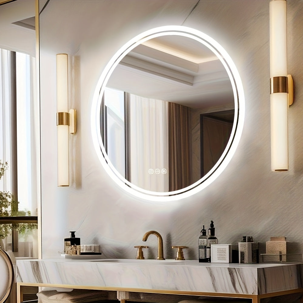 Round LED Bathroom Mirror, Dimmable Lighting, 60/80cm Backlit Anti-fog Makeup Wall Mirror, Smart Touch Button, Cold/Warm/Neutral Light, Memory Function Modern Shaving Mirror, with Frosted Edge, Bathroom Mirrors for Wall, Cont