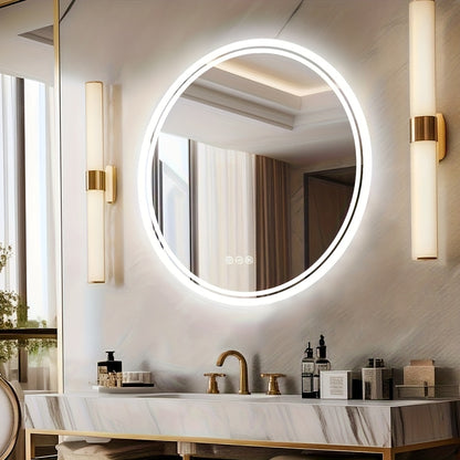Round LED Bathroom Mirror, Dimmable Lighting, 60/80cm Backlit Anti-fog Makeup Wall Mirror, Smart Touch Button, Cold/Warm/Neutral Light, Memory Function Modern Shaving Mirror, with Frosted Edge, Bathroom Mirrors for Wall, Cont