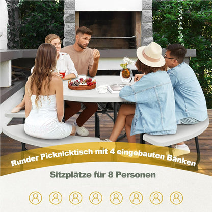 Picknicktafel – Tuinset – Terrasmeubilair – Buitenmeubel – Tuintafel Met Bankjes – Wit – 8-Persoons – Rond Met HDPE Blad En Parasolhouder