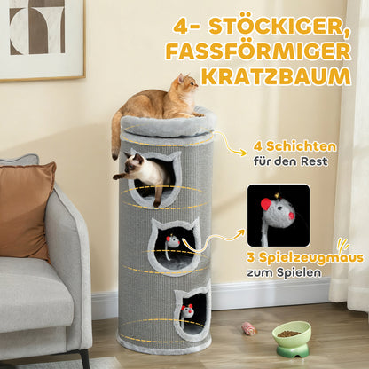 Kattenkrabpaal – Krabpaal – Kattenboom – Kattenhuis – Kattenmeubel – Grijs – 96 cm Hoog – 3 Holletjes Met Wasbaar Bed