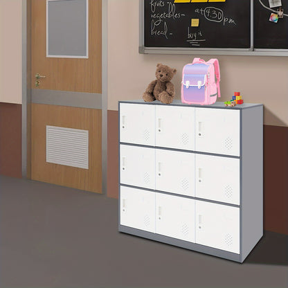 9-Door Heavy-Duty Lockable Metal Storage Cabinet with Card Slots & Key Lock - Modern & Gray Contemporary Floor-Standing Office Cabinet, 9-Slot Organizer for Home Office, School, Business - Easy Assembly, No Electrical Require