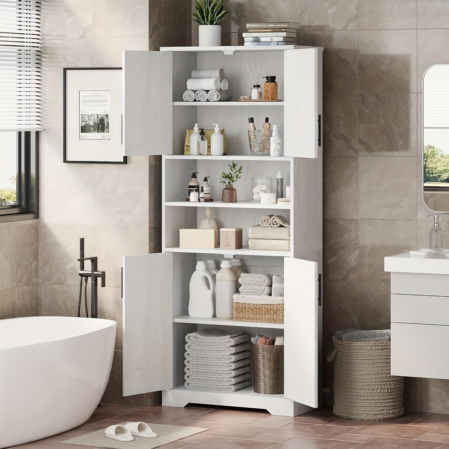 Badkamerkast – Opbergkast – Kolomkast – Hoge Kast – Wastafelonderkast – 170 cm Hoog – MDF Hout Material – Verstelbare Planken – Vrijstaand