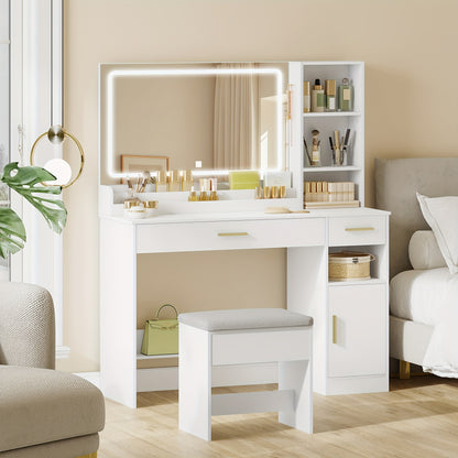 Kaptafel – Make-uptafel – Schminktisch – Toilettafel – Dressing Table – Wit – Grote Spiegel 69x50 cm – 2 Ruime Lades en Opbergvakken