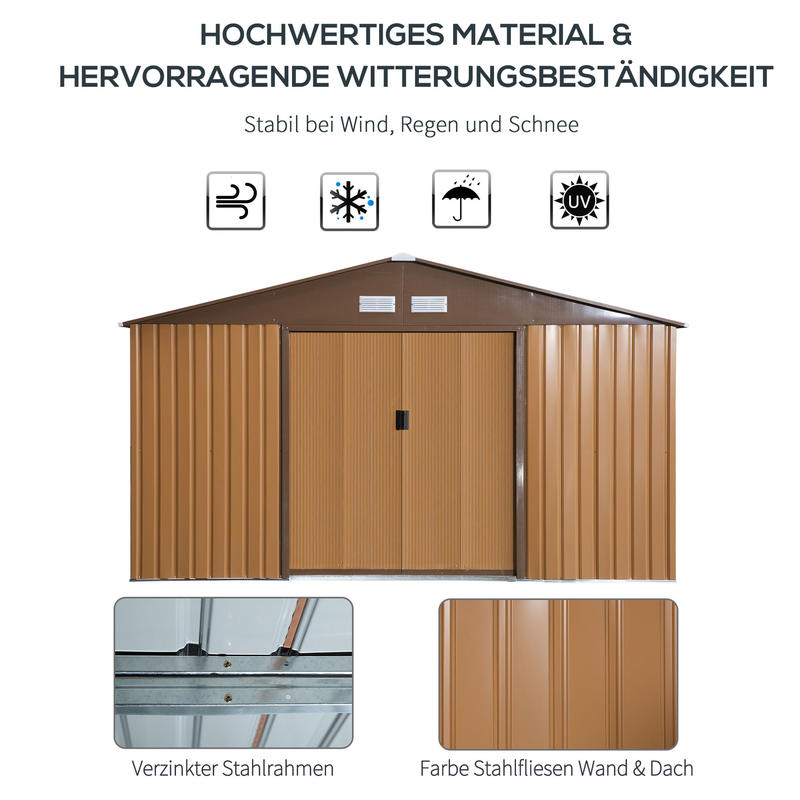 Steel Tool Shed 20m³ Garden Storage Shed Bike Shed Brown 340 x 386 x 200cm, Temporary and Removable, Backyard Organization, Outdoor Storage, Compact Design, Durable Shelter, Rustproof Housing, Metal Shed, Storage Solution, O