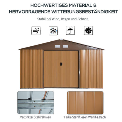 Steel Tool Shed 20m³ Garden Storage Shed Bike Shed Brown 340 x 386 x 200cm, Temporary and Removable, Backyard Organization, Outdoor Storage, Compact Design, Durable Shelter, Rustproof Housing, Metal Shed, Storage Solution, O