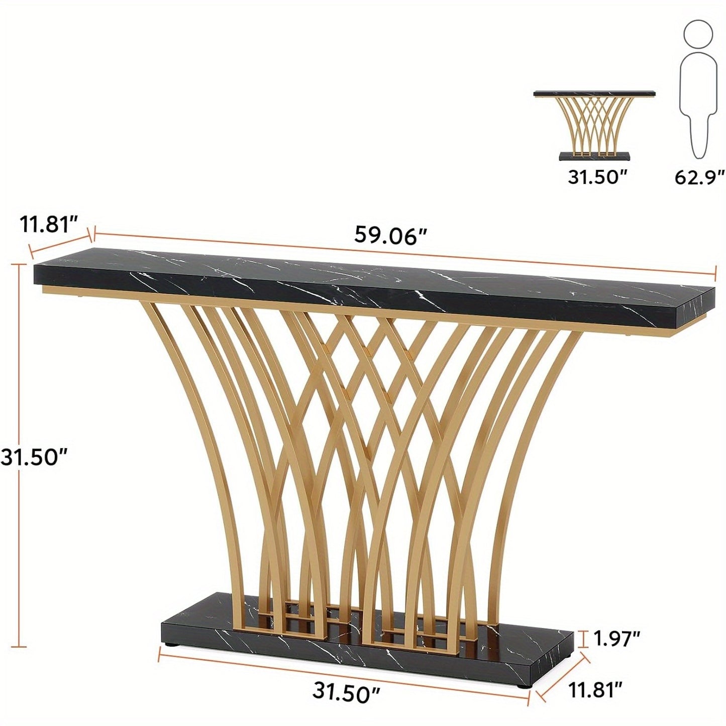 Sidetable – Console Tafel – Entree Tafel – Halmeubel – Woonkamer Meubel – Zwart Met Gouden Accenten – 150 cm Lang Met Stevig Metaal Frame