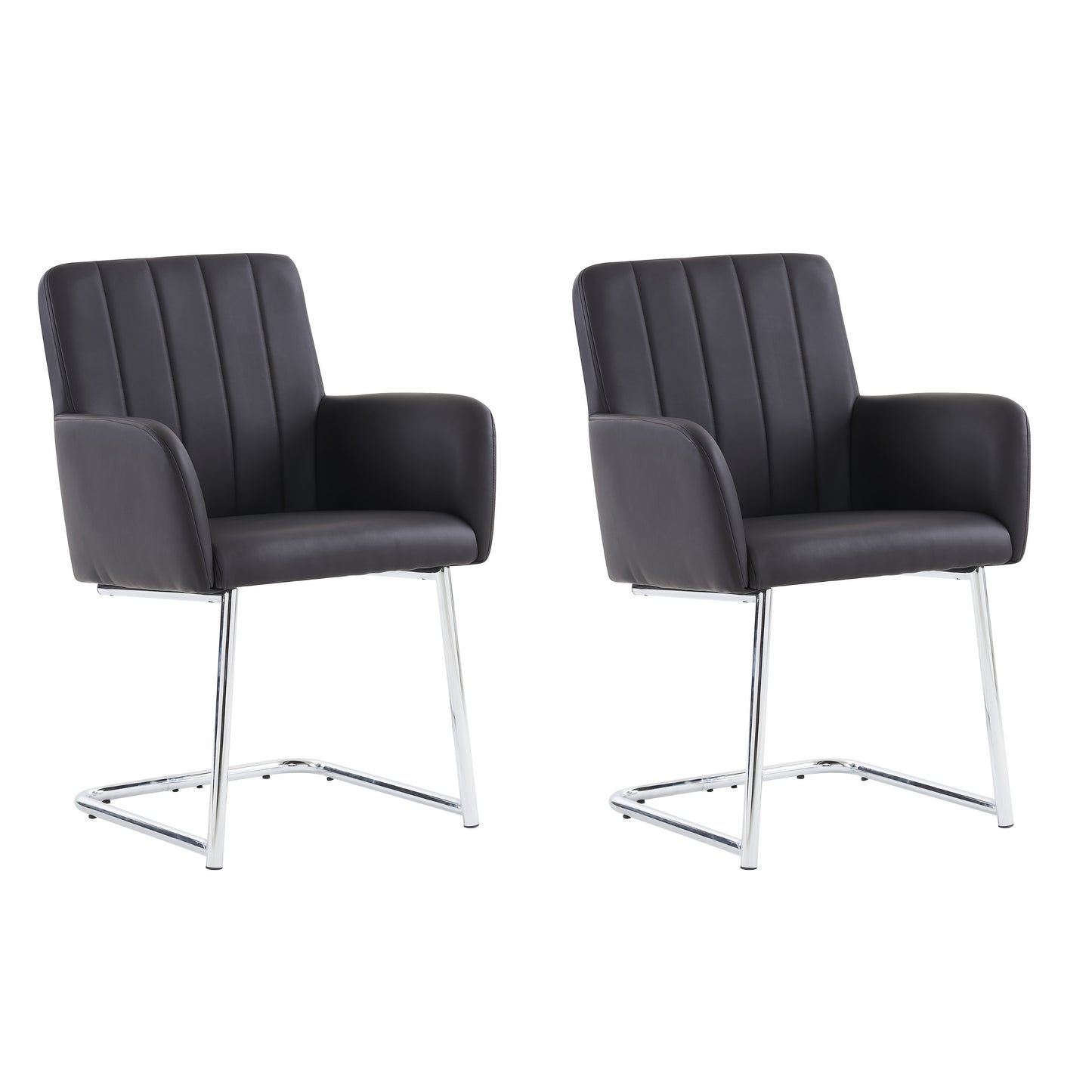 Two Piece Dining Chair, Vertical Stripe Design, Armchair with Serrated Metal Legs, Lounge Chair, Living Room Chair, Suitable for Bedroom, Study And Desk, Faux Leather, Black, Bedroom Seating, Study Chair, Sleek Lounge Chair,