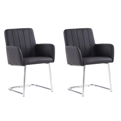 Two Piece Dining Chair, Vertical Stripe Design, Armchair with Serrated Metal Legs, Lounge Chair, Living Room Chair, Suitable for Bedroom, Study And Desk, Faux Leather, Black, Bedroom Seating, Study Chair, Sleek Lounge Chair,
