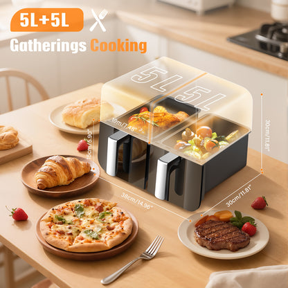 Airfryer – Heteluchtfriteuse – Dubbele Airfryer – Airfryer Met Venster – XXL Airfryer – 10L Capaciteit – 304 RVS – 2400W Power