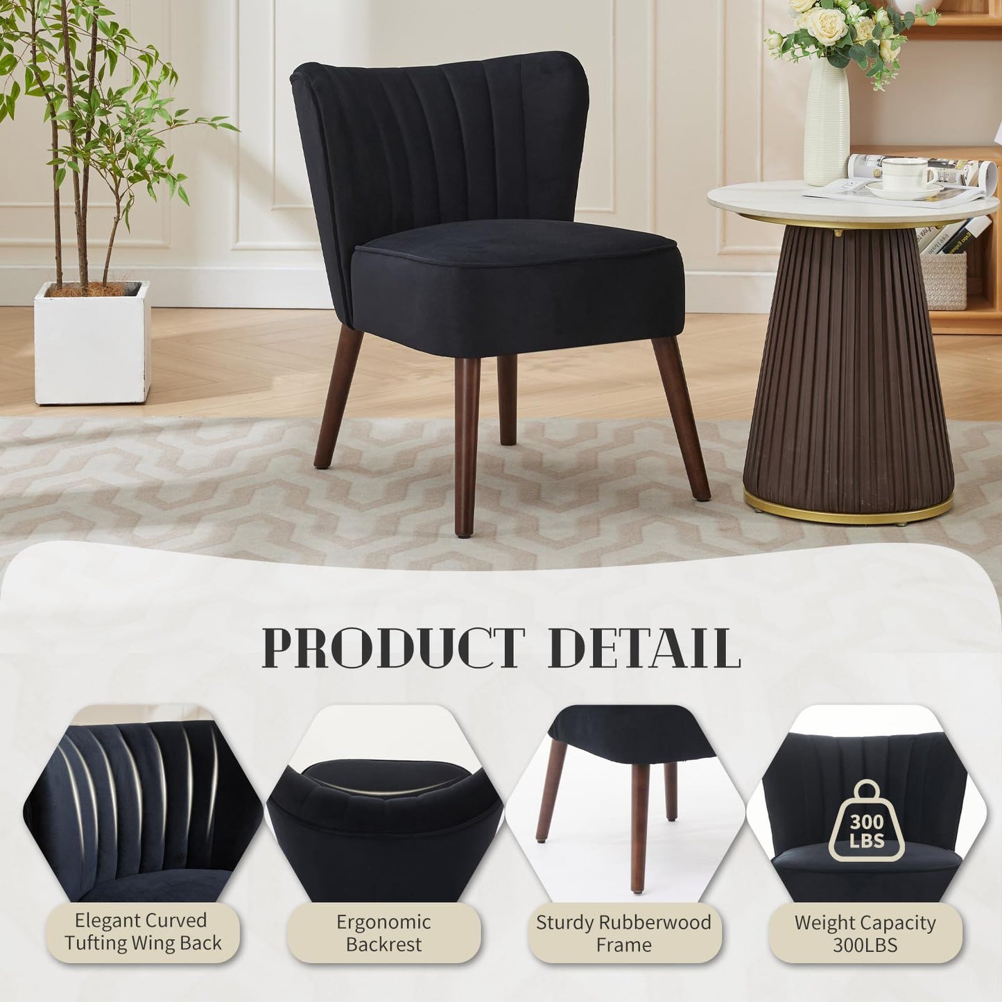 Mid-Century Loungezetel – Fauteuil – Accentstoel – Relaxstoel – Wingback Stoel – Zwart Katoenfluweel – Verstelbare Hardhouten Poten