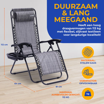 Loungestoel – Tuinstoel – Relaxstoel – Ligstoel – Fauteuil – Verstelbaar Zero Gravity – Weerbestendig Stalen Frame – Inclusief Afneembaar Tafeltje en Bekerhouders – Grijs